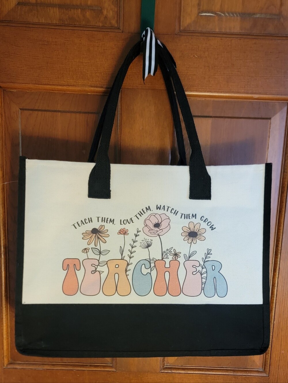 Teacher Floral Canvas Tote Bag in Cream and Black